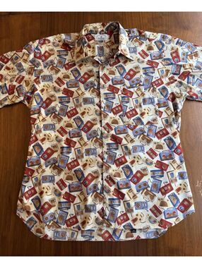 Vintage H. Stockton Atlanta Geo Cassette Print Short Sleeve Shirt - Size L